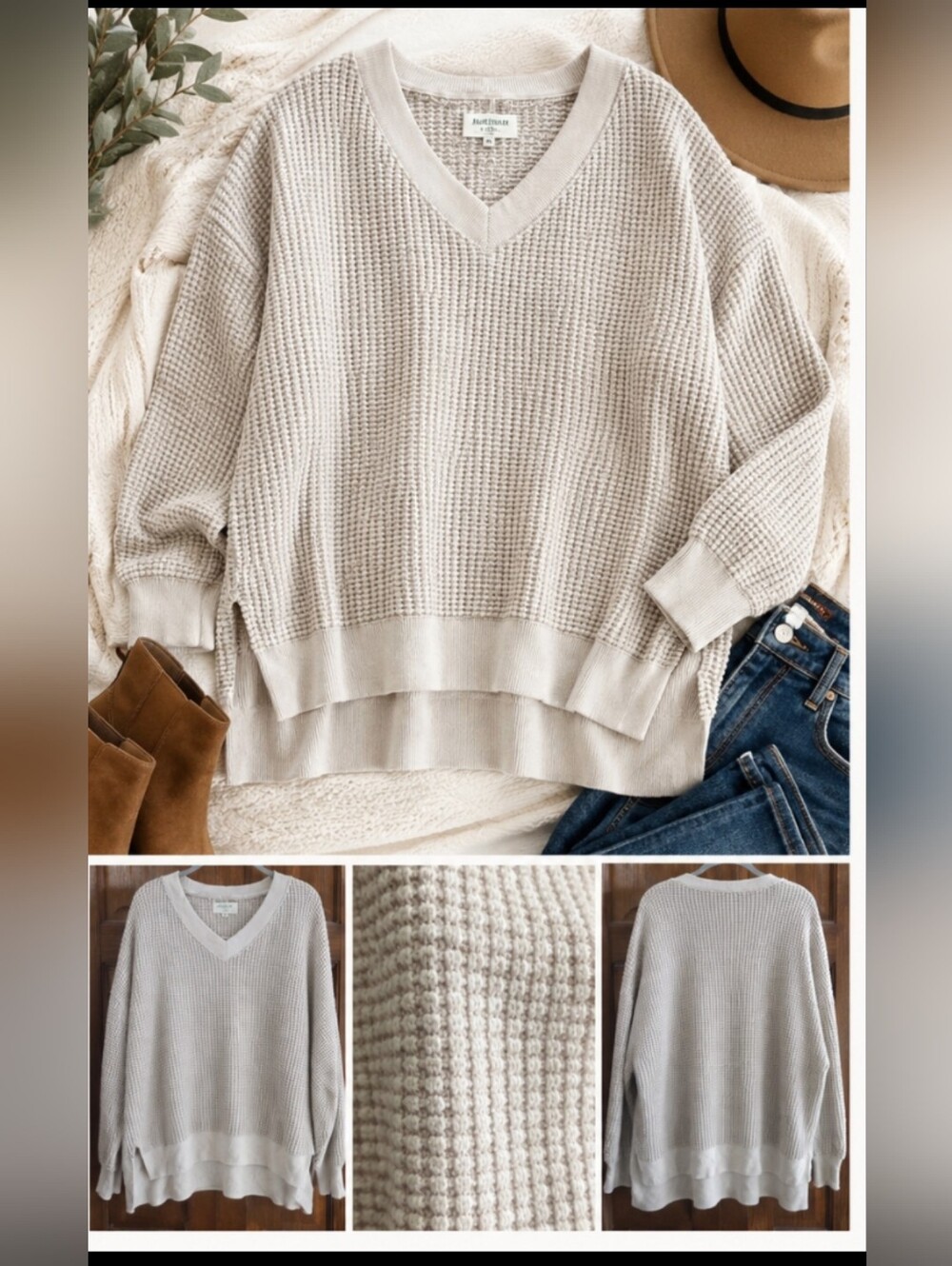 AmericaN Eagle V-Neck Waffle Knit Women's Sweater - Cream